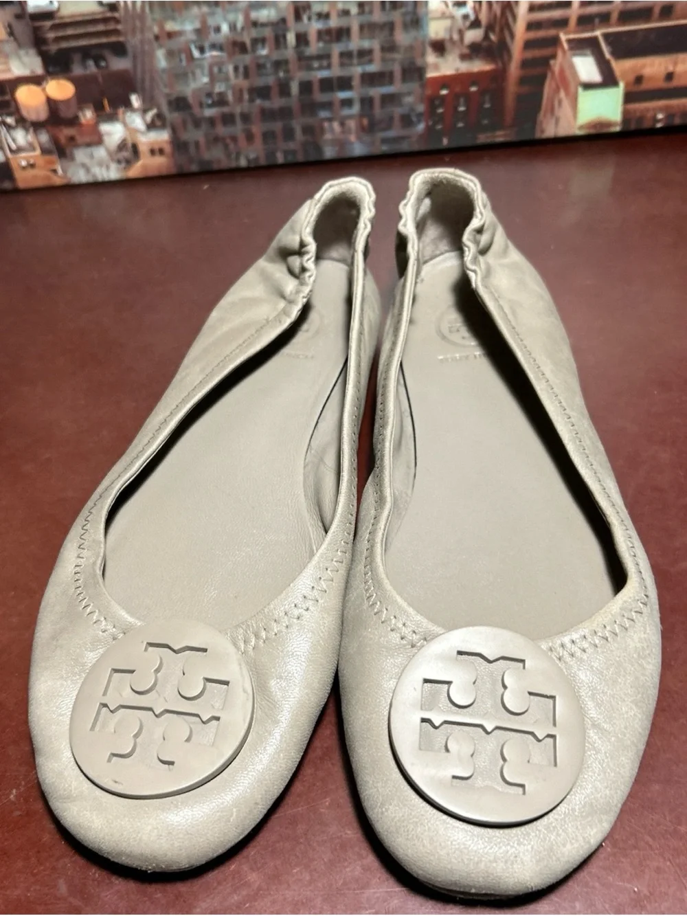 Tory Burch Neutral Taupe Logo Ballet Flats